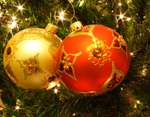 Christmas decorations on a tree.